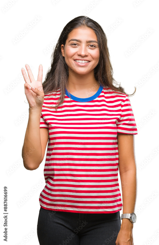 Young beautiful arab woman over isolated background showing and pointing up with fingers number three while smiling confident and happy. Young beautiful arab woman over isolated background showing and pointing up with fingers number three while smiling confident and happy.