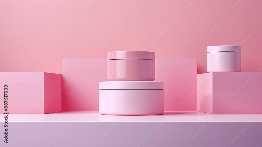 A row of pink boxes with a white jar on top of them A row of pink boxes with a white jar on top of them