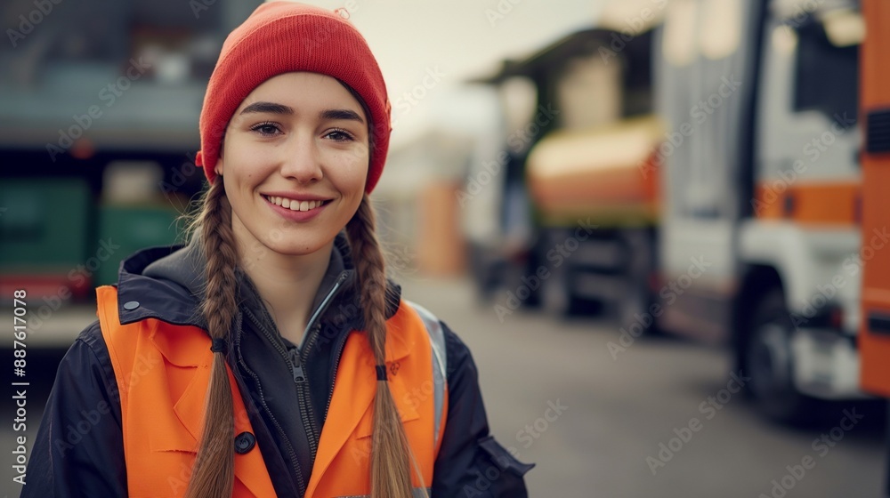 Female courier in a delivery uniform smiles warmly with delivery vehicles and packages behind her, representing efficient and reliable courier services focused on customer satisfaction Female courier in a delivery uniform smiles warmly with delivery vehicles and packages behind her, representing efficient and reliable courier services focused on customer satisfaction