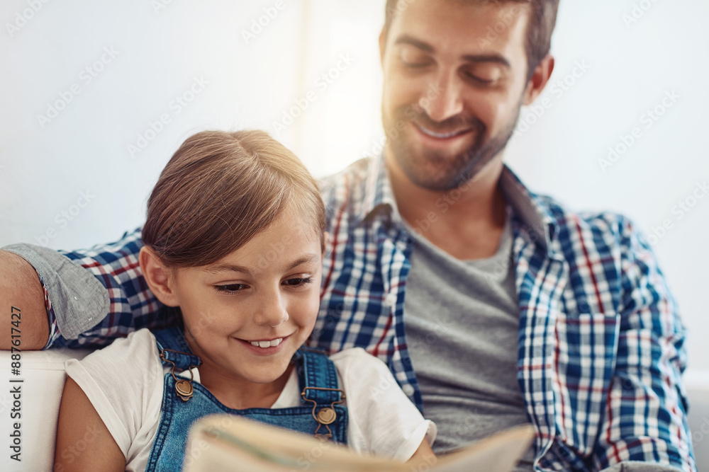 Father, girl and reading magazine in home on sofa with smile, learning and update for global event. Man, dad and child with press, media and happy with headlines, story and bonding in family house Father, girl and reading magazine in home on sofa with smile, learning and update for global event. Man, dad and child with press, media and happy with headlines, story and bonding in family house