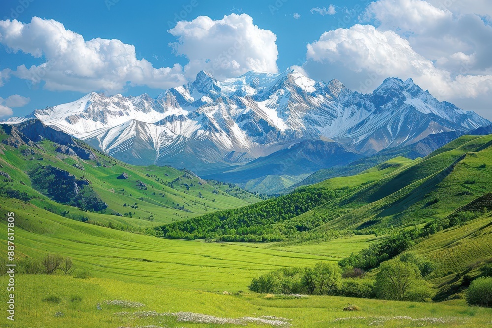 Scenic landscape of lush green valley with snowy mountain range and cloudy blue sky, perfect for nature, travel, and outdoor concepts. Scenic landscape of lush green valley with snowy mountain range and cloudy blue sky, perfect for nature, travel, and outdoor concepts.
