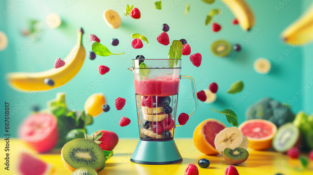 Fototapeta premium A vibrant and colorful image of a blender making a smoothie with flying fruits. Fresh fruits like bananas, kiwis, and berries are mid-air around the blender, creating a dynamic, lively scene