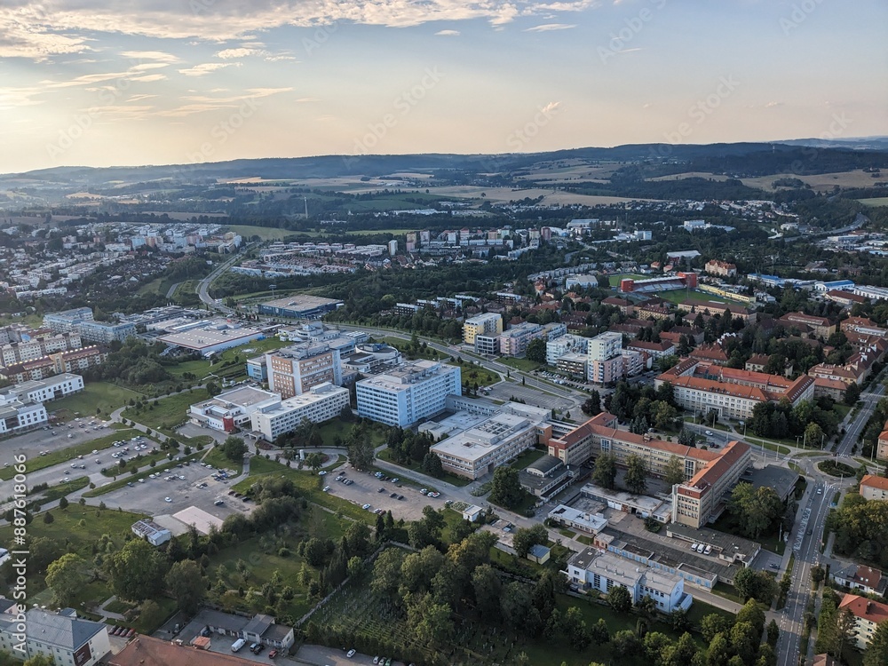 Obraz premium Aerial panorama view of Jihlava town and local Jihlava hospital with traumacenter,Vysocina region,Bohemia,Czech republic-Nemocnice Jihlava