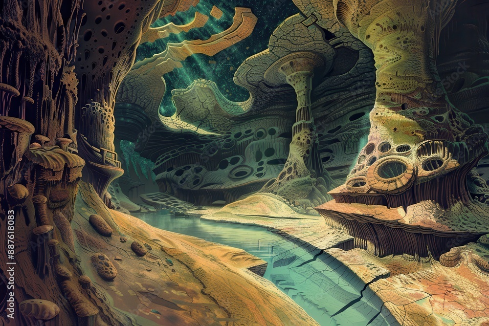 Naklejka premium Alien landscape with river and strange rock formations