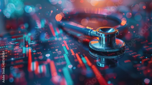A stethoscope lies on a vibrant chart with financial data, representing the healthcare industry's economic impact.