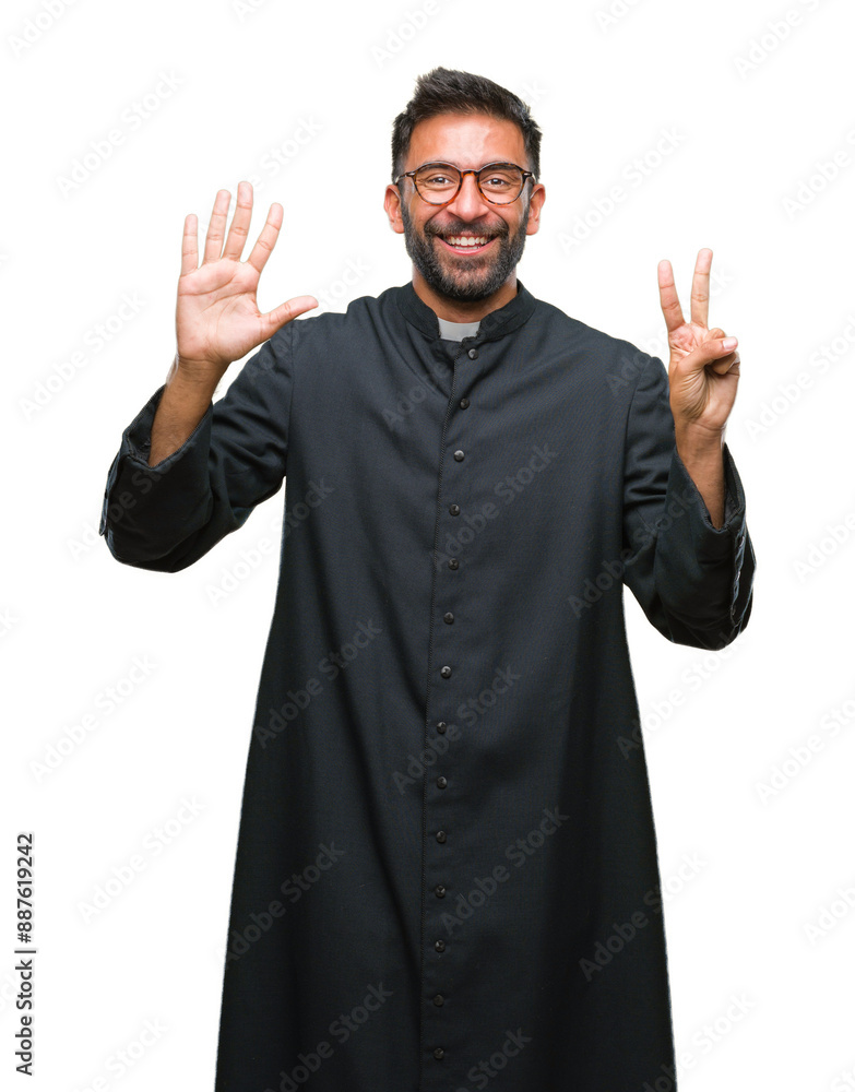 Adult hispanic catholic priest man over isolated background showing and pointing up with fingers number seven while smiling confident and happy. Adult hispanic catholic priest man over isolated background showing and pointing up with fingers number seven while smiling confident and happy.