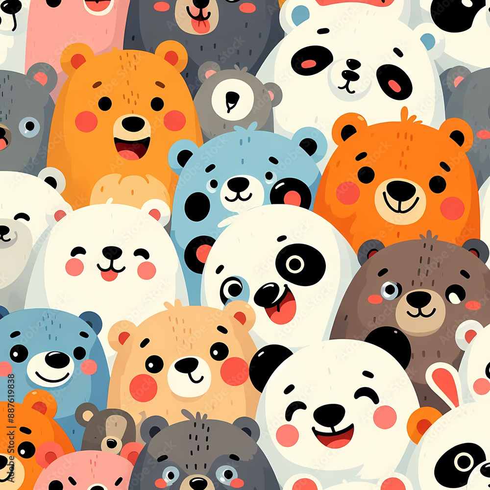 Obraz premium Bear Doodle Art Cartoon. Various bears with expressive faces in a crowded pattern
