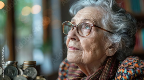 A thoughtful elderly woman with glasses looks up thoughtfully, lost in contemplation.