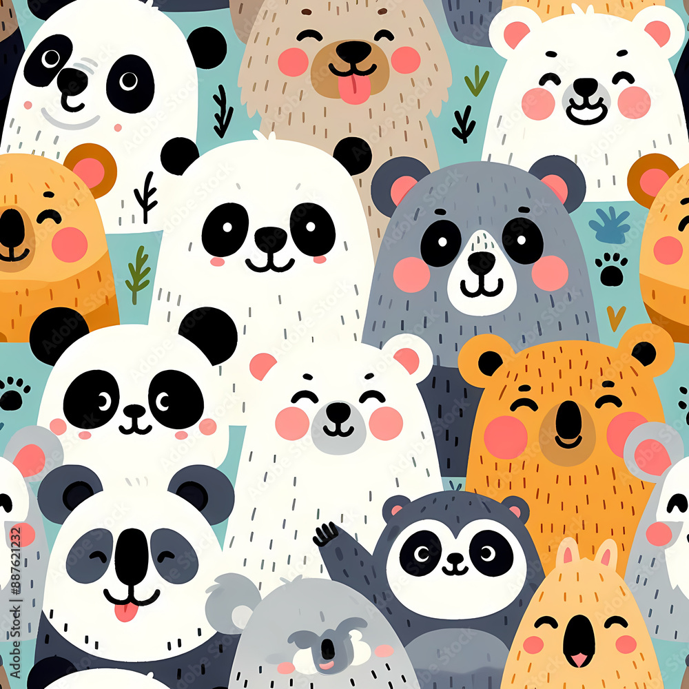 Obraz premium Bear Doodle Art Cartoon. Various bears with expressive faces in a crowded pattern