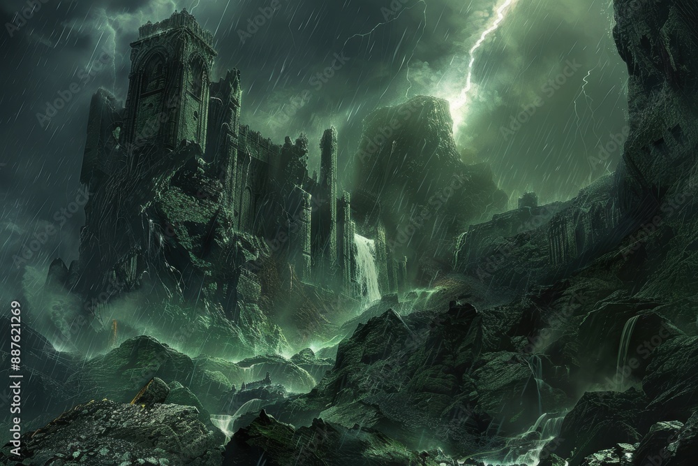Ancient castle ruins shrouded in mist and illuminated by lightning during a raging storm Ancient castle ruins shrouded in mist and illuminated by lightning during a raging storm
