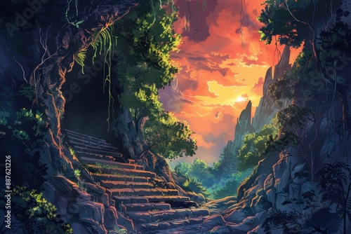 Fototapeta Naklejka Na Ścianę i Meble -  Mysterious overgrown temple ruins in a dense jungle with a bright sky