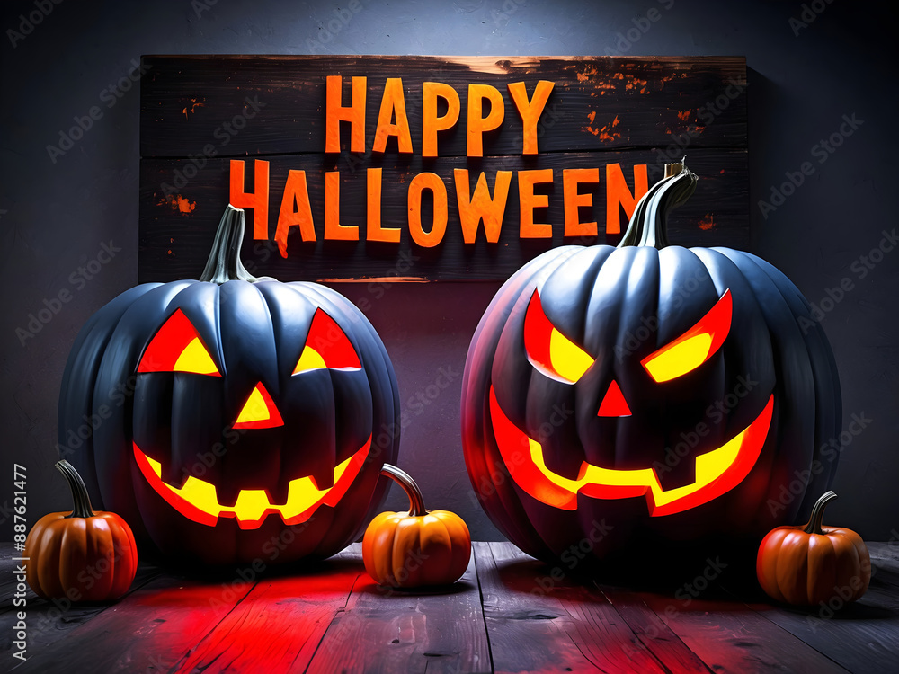 Text Happy Halloween, scary carved glowing pumpkins, festive background, jack-o-lantern, October 31. holiday, poster, template
