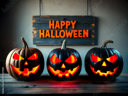 Text Happy Halloween, scary carved glowing pumpkins,  festive background, jack-o-lantern, October 31. holiday, poster, template