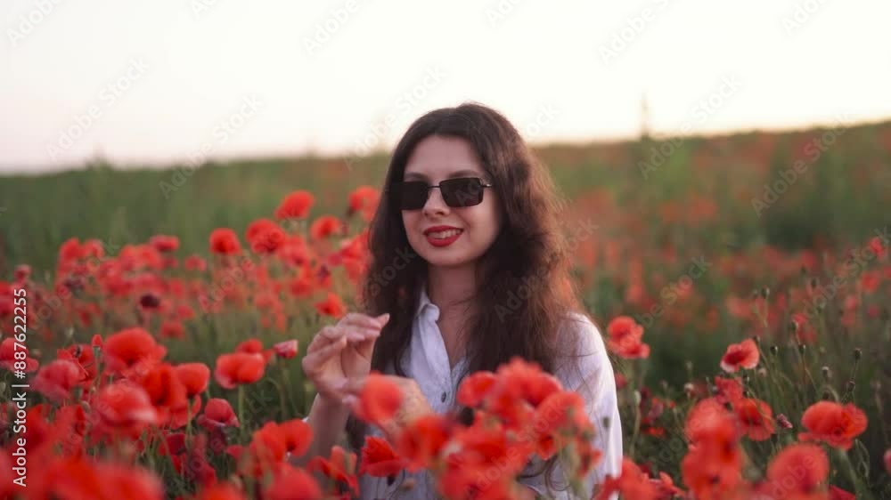 portrait of a beautiful dark-haired girl in a field of wildflowers and red poppies, wearing a dress and smiling while putting on sunglasses portrait of a beautiful dark-haired girl in a field of wildflowers and red poppies, wearing a dress and smiling while putting on sunglasses