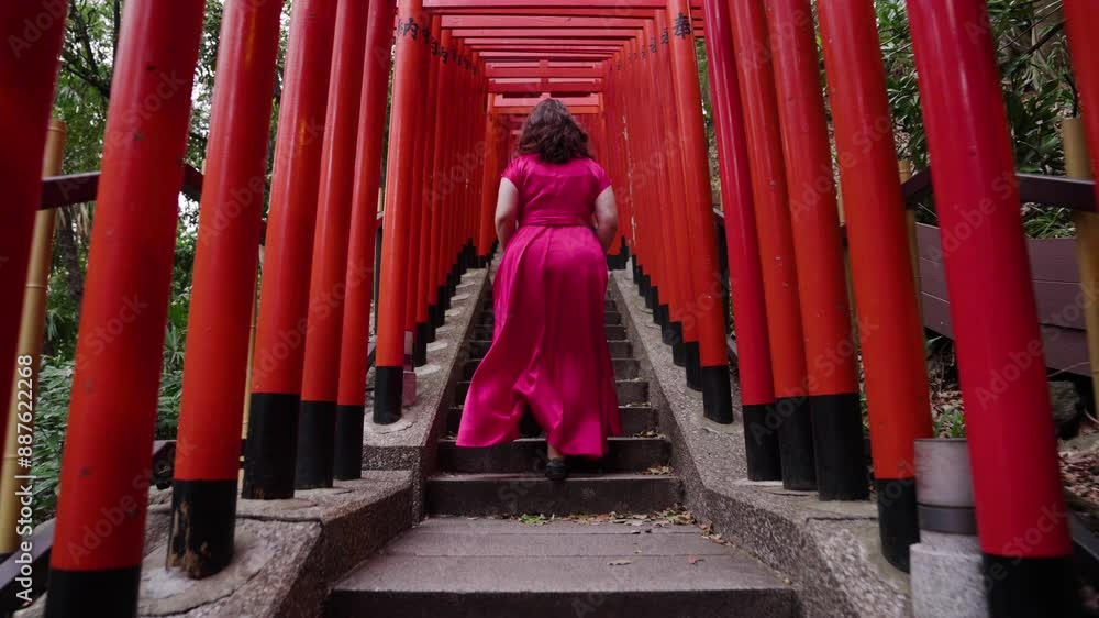 View Behind Woman In Red Dress Walking Through Torii Row At Hie Shrine In Tokyo, Japan. tracking shot View Behind Woman In Red Dress Walking Through Torii Row At Hie Shrine In Tokyo, Japan. tracking shot