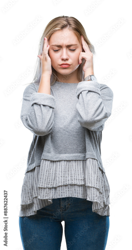Young blonde woman over isolated background with hand on head for pain in head because stress. Suffering migraine. Young blonde woman over isolated background with hand on head for pain in head because stress. Suffering migraine.