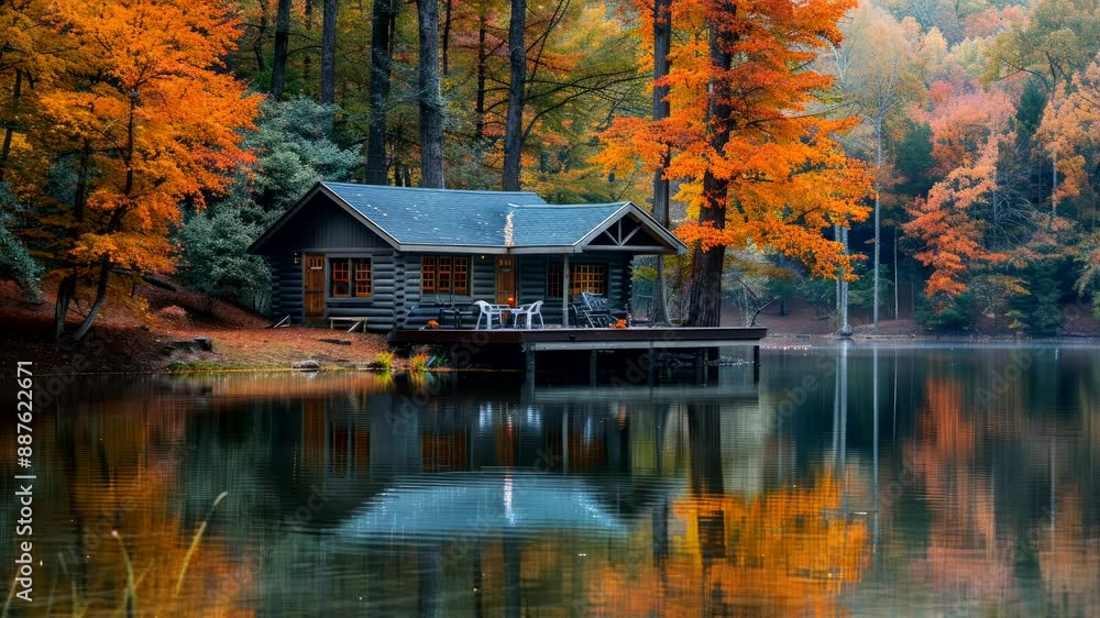 Cozy cabin by a lake with colorful autumn trees and reflections in water. Nature's tranquility concept Cozy cabin by a lake with colorful autumn trees and reflections in water. Nature's tranquility concept