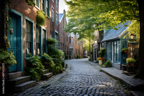 Nostalgic Glimpse: Cobblestone Street Framed by Historic Buildings under a Clear Azure Sky