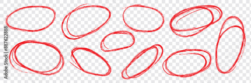 Red circle, pen draw set. Highlight hand drawn circle isolated on background. Handwritten red circle. For marker pen, pencil, logo and text check. Circle vector illustration