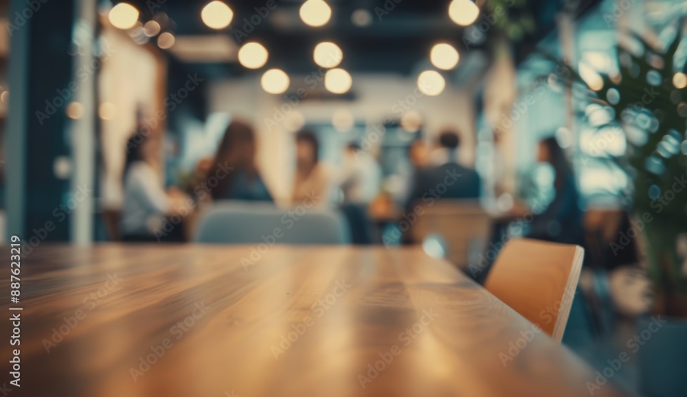 A blurry image of a restaurant with a wooden table and chairs. The table is surrounded by people sitting at the chairs. Scene is casual and relaxed A blurry image of a restaurant with a wooden table and chairs. The table is surrounded by people sitting at the chairs. Scene is casual and relaxed