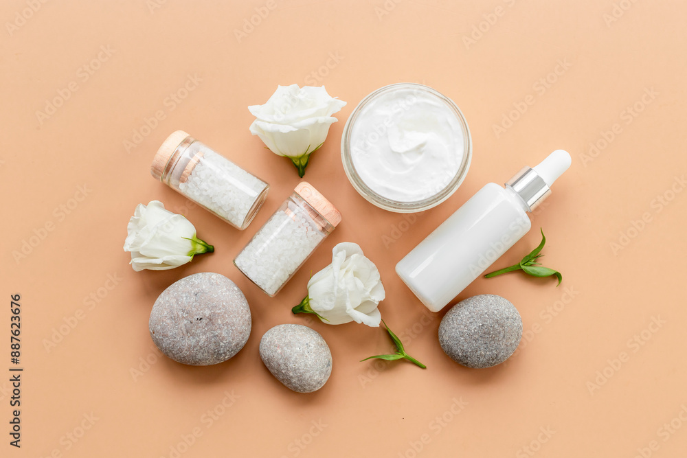 Spa set with white roses and blank bottles of skin care cosmetics Spa set with white roses and blank bottles of skin care cosmetics