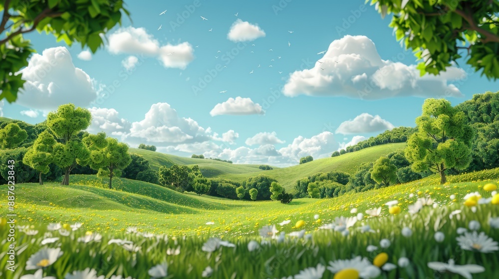 A whimsical 3D landscape framed by a minimalist, cartoon-style border, featuring rolling hills, vibrant forests, and a clear blue sky dotted with fluffy clouds. A whimsical 3D landscape framed by a minimalist, cartoon-style border, featuring rolling hills, vibrant forests, and a clear blue sky dotted with fluffy clouds.