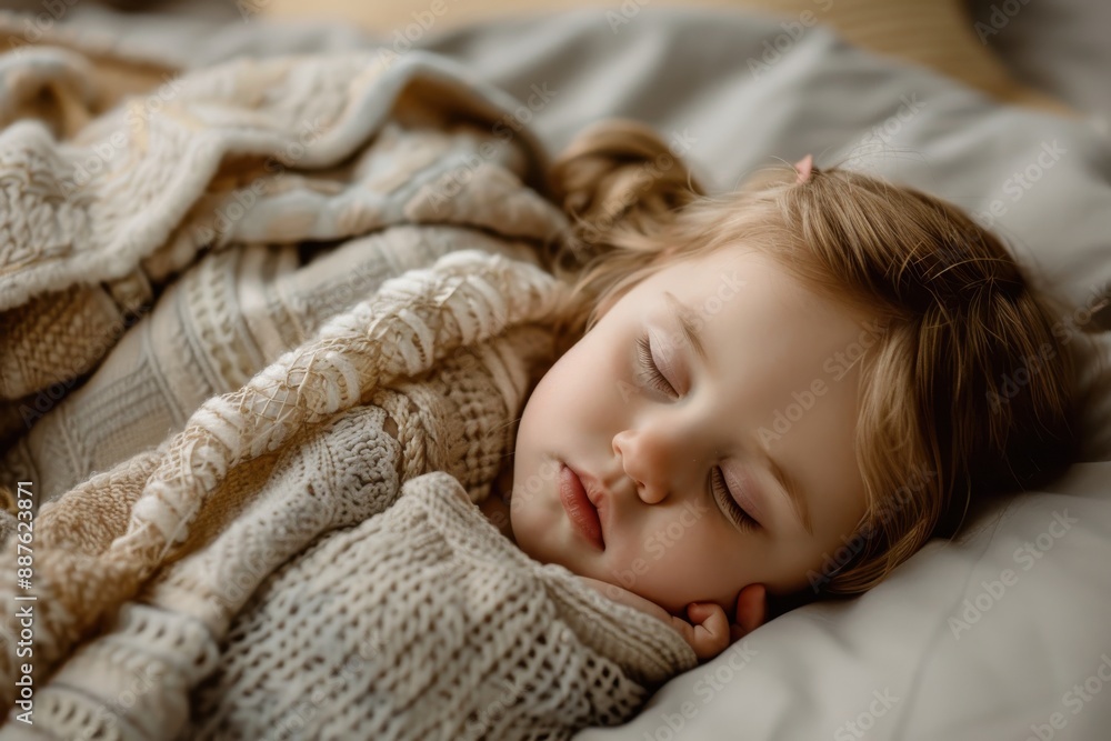 A little girl is sleeping in a bed with a blanket. She is wearing a white sweater A little girl is sleeping in a bed with a blanket. She is wearing a white sweater