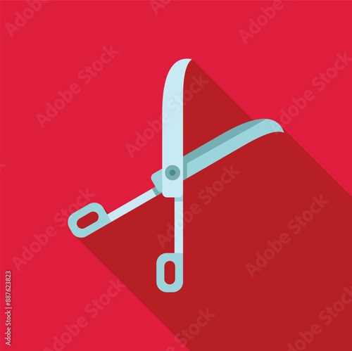 Sharp garden scissors cutting with long shadow on red background