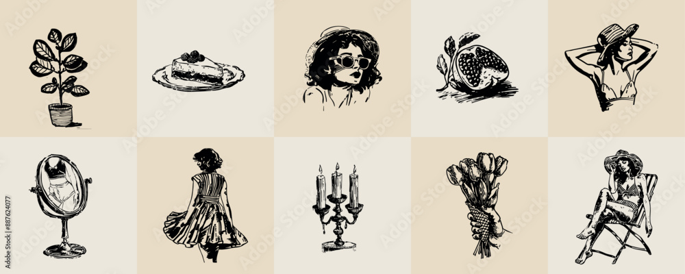 Obraz premium A minimalist collection of hand-drawn vector illustrations of food and beverage girls. Great for social media, posters, postcards, web design