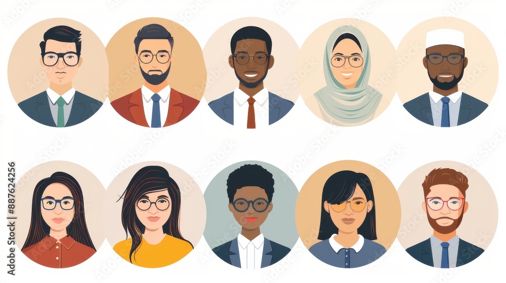 A group of people with different ethnicities and genders are shown wearing glasses and ties. Concept of diversity and professionalism, as the people are dressed in business attire A group of people with different ethnicities and genders are shown wearing glasses and ties. Concept of diversity and professionalism, as the people are dressed in business attire