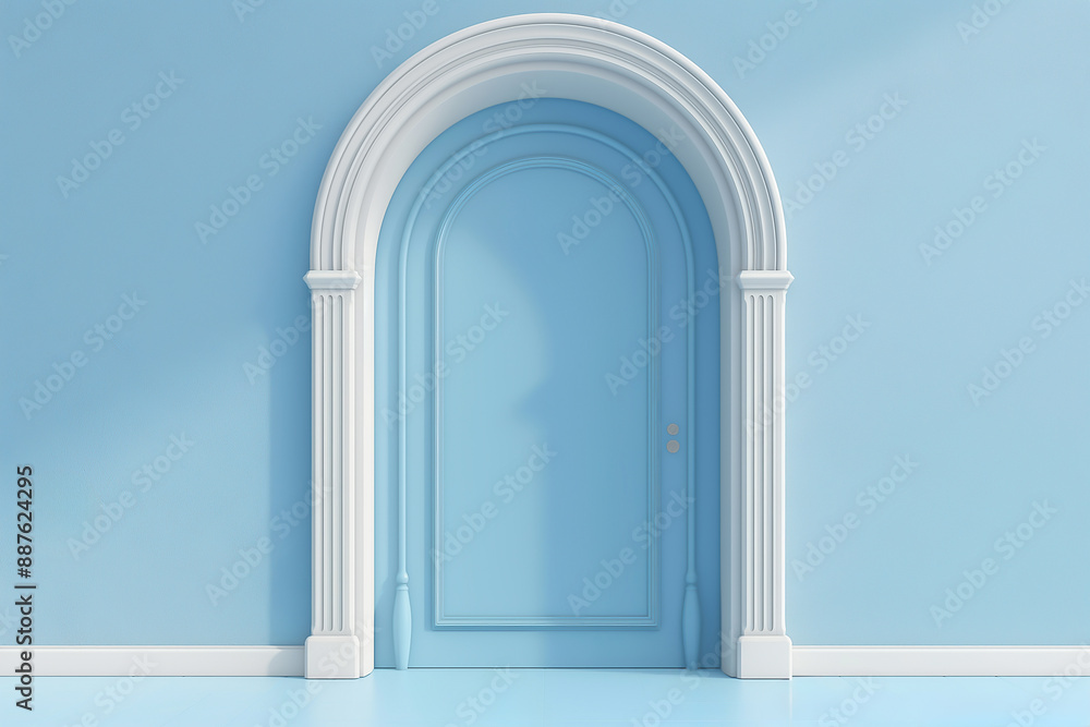 3d render of simple blue arched door with white frame on light blue wall background, high resolution photography 3d render of simple blue arched door with white frame on light blue wall background, high resolution photography