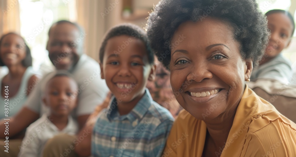 A black family of different ages, including a woman with a big smile, are sitting together on a couch A black family of different ages, including a woman with a big smile, are sitting together on a couch