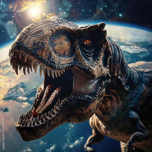 The muzzle of a tyrannosaurus close-up against the background of the globe. Illustration for the presentation of measures to protect the climate, ecology, and environment.