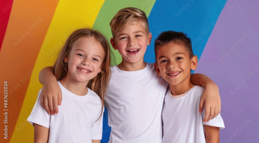 Three children are standing together, smiling and hugging. The children are wearing white shirts and are posing for a picture. The image has a happy and friendly mood Three children are standing together, smiling and hugging. The children are wearing white shirts and are posing for a picture. The image has a happy and friendly mood
