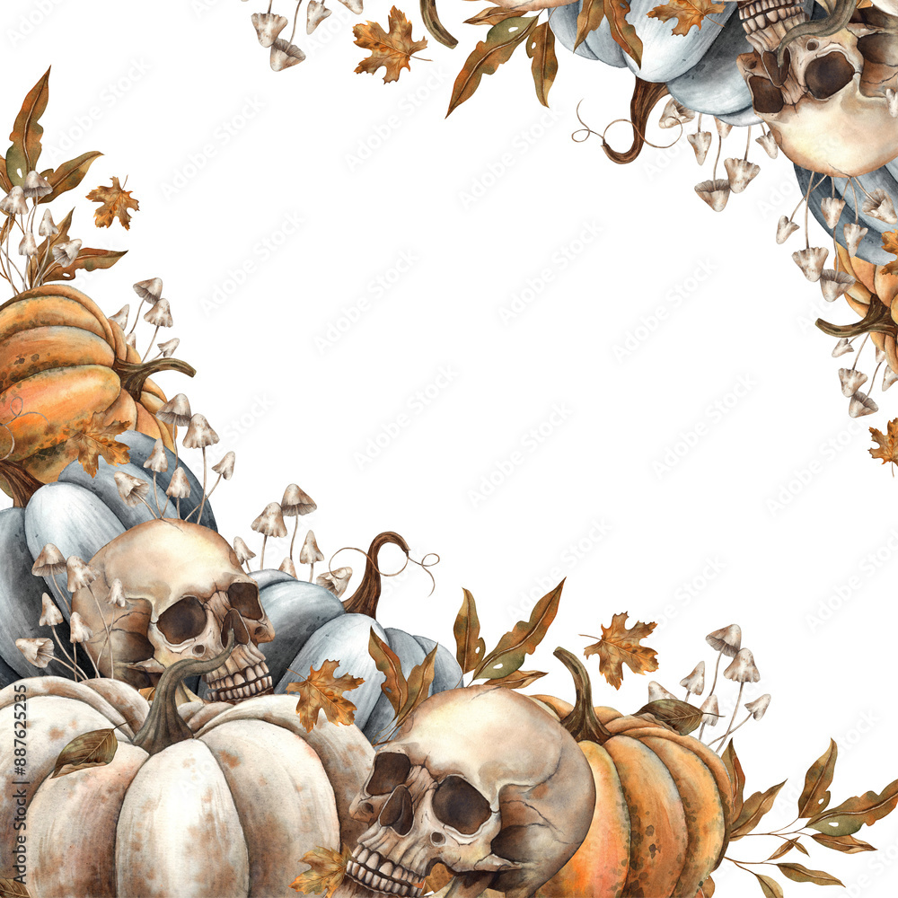 Obraz premium Orange, white and black pumpkin, skull, autumn leaves, mushrooms. Hand drawn watercolor frame in gothic style. For design, packaging, cards, autumn posters, Thanksgiving, Halloween, witchcraft