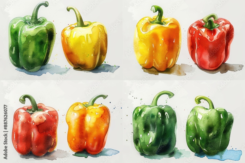 Watercolor illustration of a set of bell peppers in different colors, showcasing detailed brushstrokes and vibrant hues. Watercolor illustration of a set of bell peppers in different colors, showcasing detailed brushstrokes and vibrant hues.