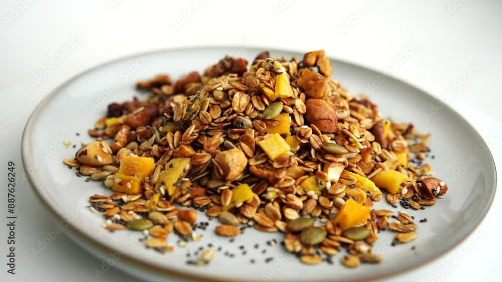 Healthy organic granola breakfast flakes with almonds, cashew nuts walnuts, hazelnuts, pumpkin seeds and cranberries circle rotation close up top view. Healthy organic granola breakfast flakes with almonds, cashew nuts walnuts, hazelnuts, pumpkin seeds and cranberries circle rotation close up top view.