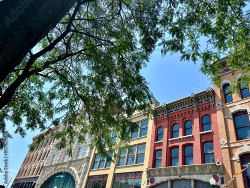 Fényképezés Row of historic buildings behind tree branch in Troy, NY