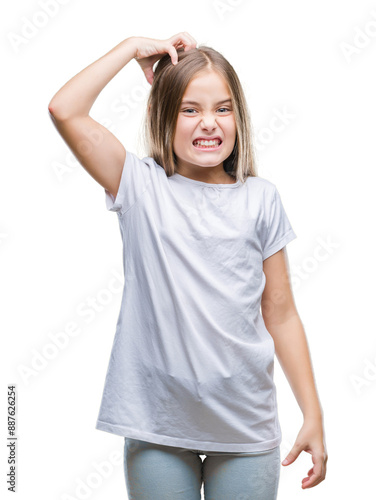 Young beautiful girl over isolated background confuse and wonder about question. Uncertain with doubt, thinking with hand on head. Pensive concept.