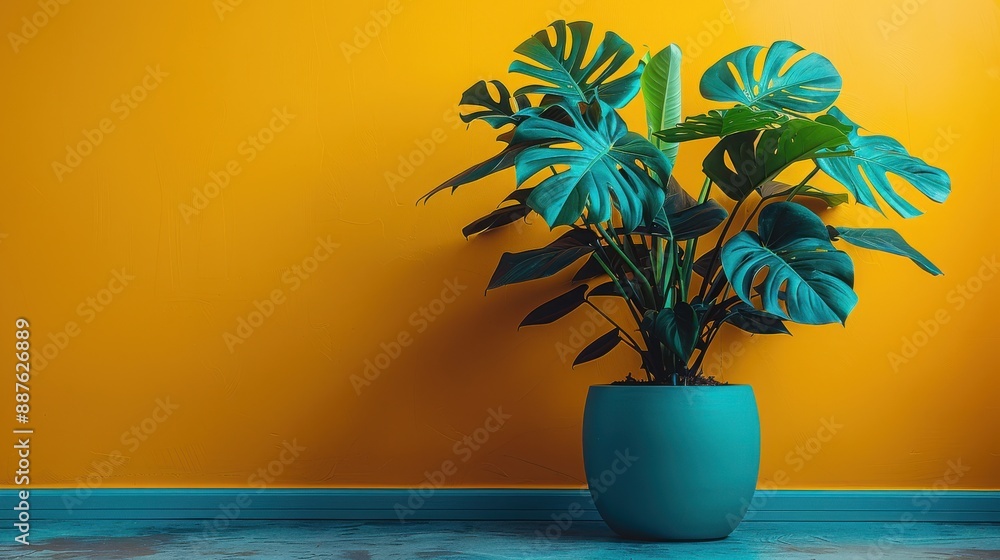 A vibrant potted monstera plant, showcasing its distinctive split leaves, set against a plain background A vibrant potted monstera plant, showcasing its distinctive split leaves, set against a plain background