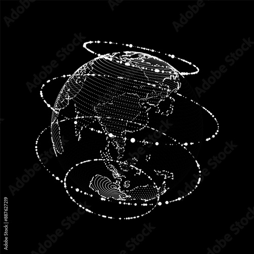Vector abstract black sci-fi planet Earth with particles and lines. Technology network connection on world. Global digital connections ai. 3D virtual wireframe geometric sphere.