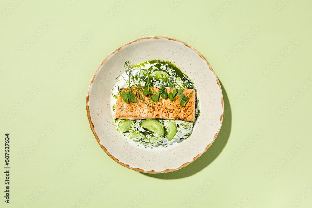 Delicious Charred Salmon Steak with Creamy Sour Cream and Fresh Cucumber Sauce on Light Green Background Delicious Charred Salmon Steak with Creamy Sour Cream and Fresh Cucumber Sauce on Light Green Background