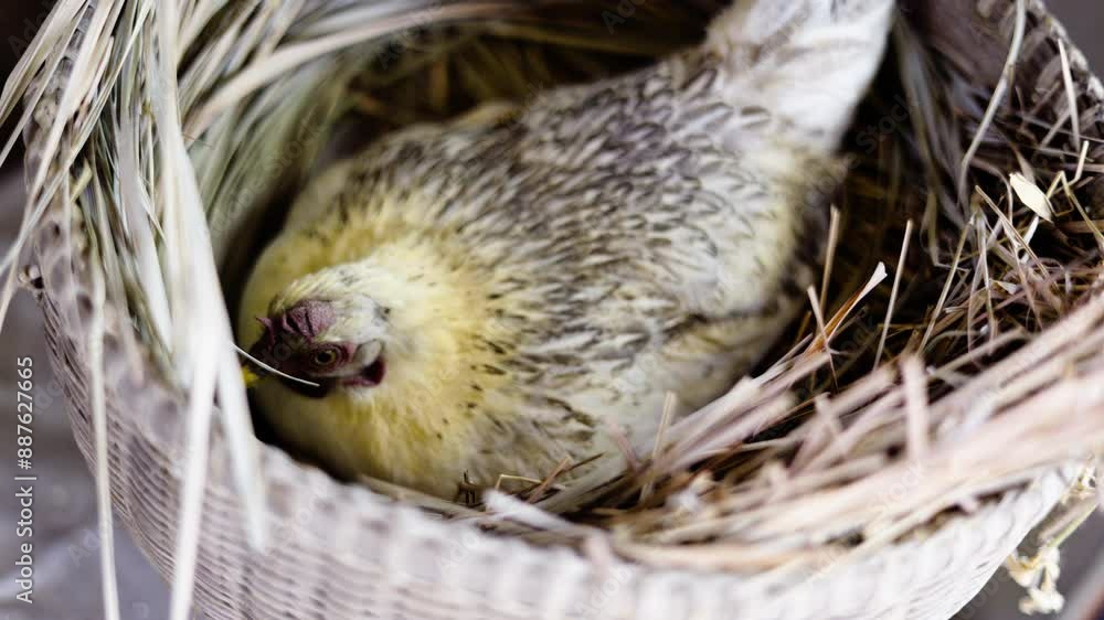 Hen hatching her eggs in a bamboo basket. Stock Video | Adobe Stock