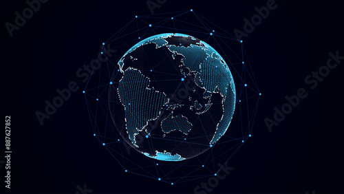 Vector abstract blue sci-fi planet Earth with particles and lines. Technology network connection on world. Global digital connections ai. 3D virtual wireframe geometric sphere.