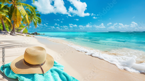 Beach accessories straw hat, towel on sunny tropical Caribbean beach with palm trees and turquoise water, caribbean island vacation, hot summer day