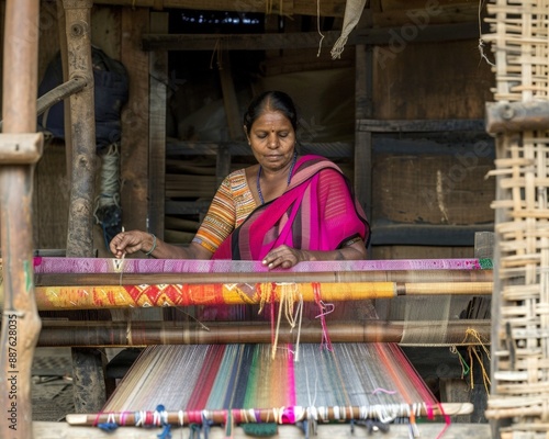 Indian woman working cloth on handloom in village settingries.Traditional Indian weaver crafting on handloom. photo