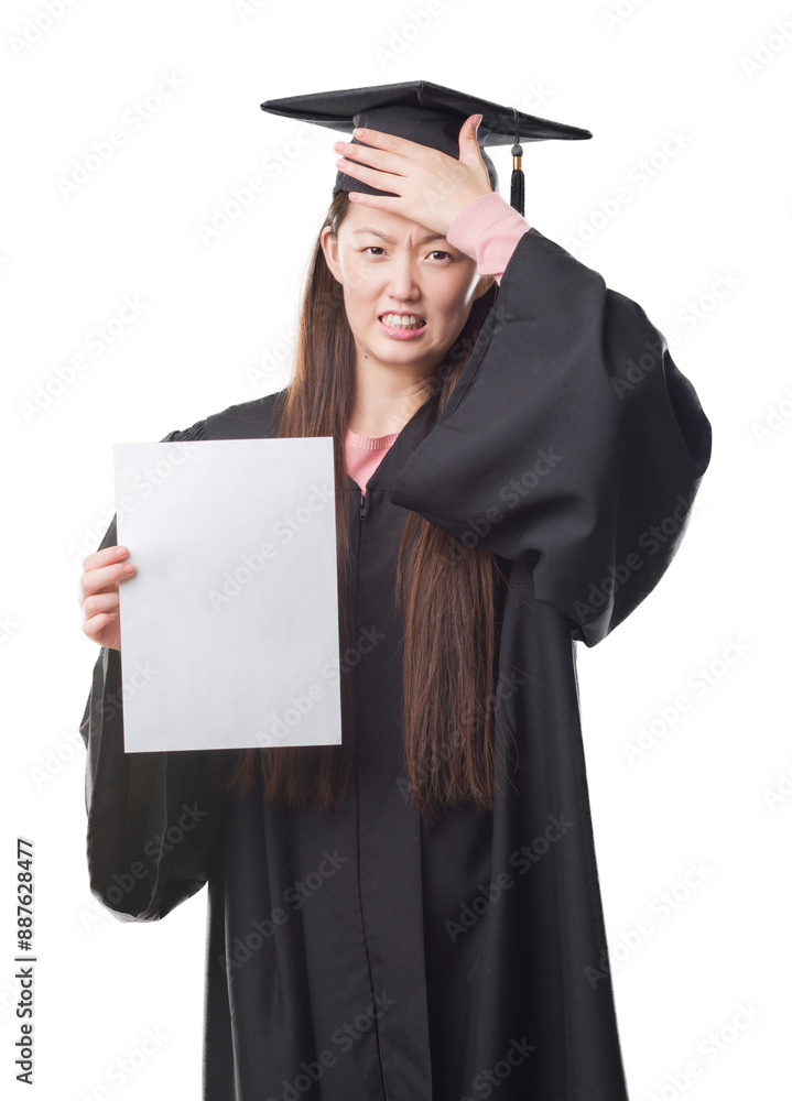 Young Chinese woman wearing graduate uniform holding paper degree stressed with hand on head, shocked with shame and surprise face, angry and frustrated. Fear and upset for mistake. Young Chinese woman wearing graduate uniform holding paper degree stressed with hand on head, shocked with shame and surprise face, angry and frustrated. Fear and upset for mistake.