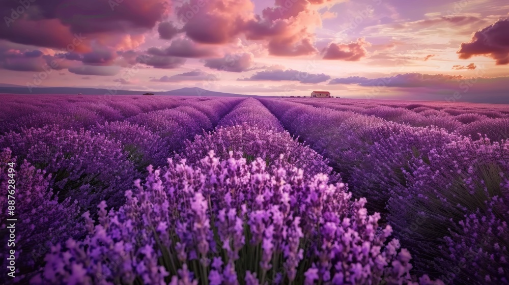 Fototapeta premium Endless rows of blooming lavender under a dusky sky, with a soft, purple hue covering the landscape and a distant farmhouse