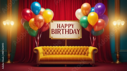 Happy birthday card, invitation with empty space for text. A velvet chair or sofa, a throne for the birthday boy surrounded by colorful balloons. Festive, theatrical atmosphere.
