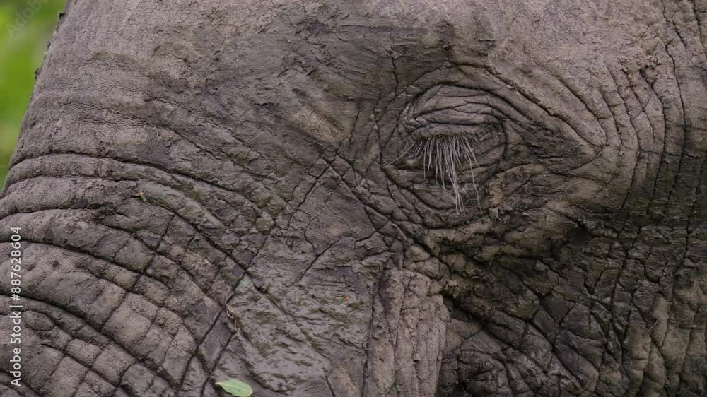 Closeup of a muddy elephant eating green leaves in the forest vegetation of Africa Closeup of a muddy elephant eating green leaves in the forest vegetation of Africa